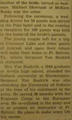 Part 2 Marriage Notice for Frank O. VAN BUSKIRK to Earle Irene Patten, 24 Jun 1946