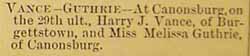 Marriage Notice for Harry VANCE to Melissa Guthrie, 29 Sep 1892