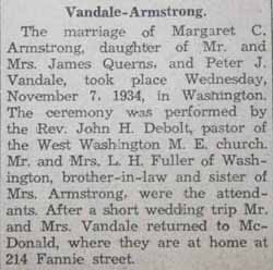 Marriage Notice for Peter J. VANDALE to Margaret C. Armstrong, 7 Nov 1934