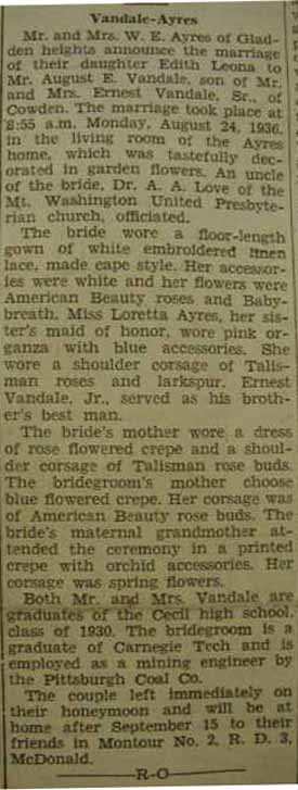 Marriage Notice for August E. VANDALE to Edith Leona Ayres, 24 Aug 1936