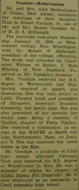 Marriage Notice for Ernest VANDALE, Jr. to Elsie Hetherington, 13 Jan 1943