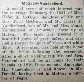 Marriage Notice for Harry F. VANDENBORD to Helen A. McGraw, 19 Feb 1924