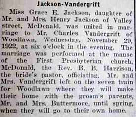 Marriage Notice for Charles VANDERGRIFT to Grace E. Jackson, 29 Nov 1922