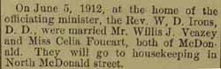 Marriage Notice for Willis J. VEAZEY to Celia Foucart, 5 Jun 1912