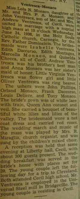 Marriage Notice for John VENTRESCA to Lola N. Monaco, 24 Jun 1936