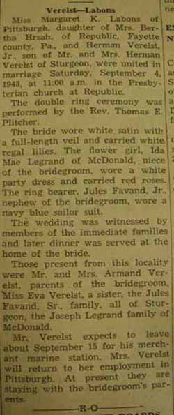 Marriage Notice for Herman VERELST, Jr. to Margaret K. Labons, 4 Sep 1943