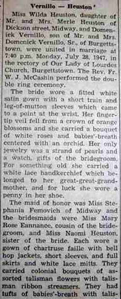 Part 1 Marriage Notice for Domenick VERNILLO to Wilda Heuston, 28 July 1947