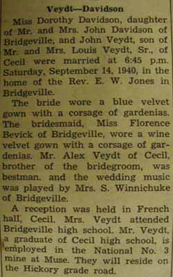 Marriage Notice for John VEYDT to Dorothy Davidson, 14 Sep 1940