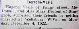 Marriage Notice for Eugene VEZIE to Mary Bertoni, 4 Dec 1922