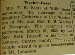 Marriage Notice for
Carl WACKER to Catherine Beers, 31 Mar 1939
