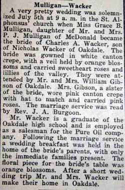 Marriage Notice for Charles A. WACKER to Grace B. Mulligan, 5 Jul 1922