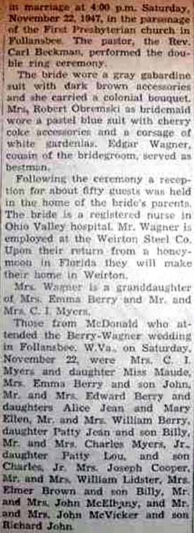 Part 2 Marriage Notice for Donald WAGNER to Ruth Berry, 22 Nov 1947