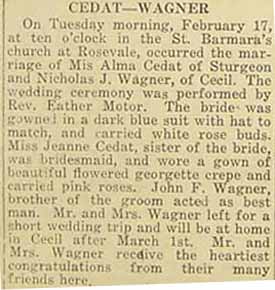 Marriage Notice for Nicholas J. WAGNER to Miss Alma CEDAT, February 17, 1920, paper 3-4-1920_Outlook