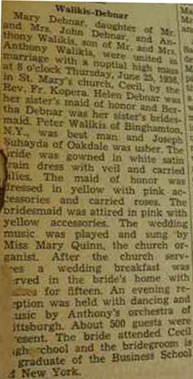Marriage Notice for Anthony WALIKIS to Mary Debnar 25 Jun 1936