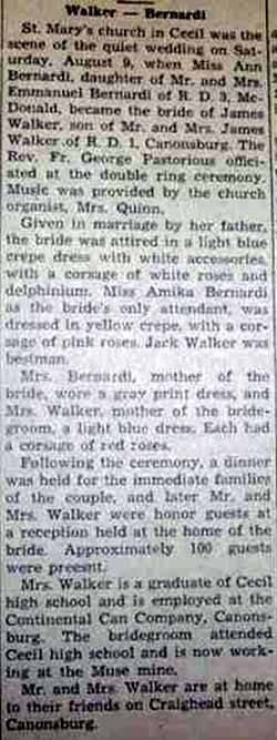 Marriage Notice for James WALKER to Ann Bernardi 9 Aug 1947