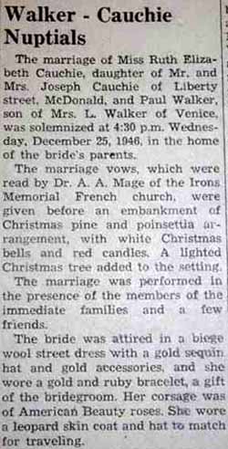 Part 1 Marriage Notice for Paul WALKER to Ruth Elizabeth Cauchie, 25 Dec 1946