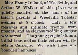 Marriage Notice for Arthur W. WALKER to Fanny Ireland 21 Nov 1905