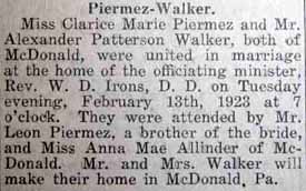 Marriage Notice for Alexander Patterson WALKER to Clarice Marie Piermez 13 Feb 1923