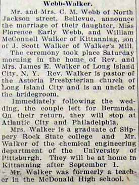 Marriage Notice for William McConnell WALKER to Florence Early Webb, no date, in 6-21-1928 paper