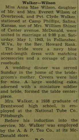 Marriage Notice for Clyde WALKER to Anna Mae Wilson 1 May 1943