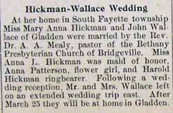 Marriage Notice for John WALLACE to Mary Anna Hickman, no date, in 3-8-1912 paper