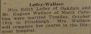 Marriage Notice for Eugene WALLACE to Edith Lefley, Tuesday, 16 Oct 1928