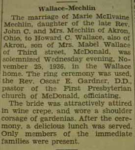 Marriage Notice for Howard C. WALLACE to Marie McIlvaine Mechlin, 25 Nov 1936