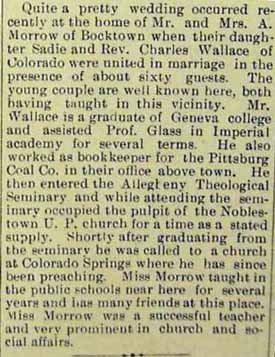 Marriage Notice for Charles WALLACE to Sadie Morrow, no date, in 3-3-1908 paper