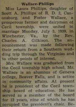 Part 1 Marriage Notice for 
Foster WALLACE to Laura Phillips, 3 Jul 1939