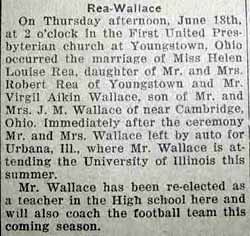 Marriage Notice for Virgil Aikin WALLACE to Helen Louise Rea, 18 Jun 1925