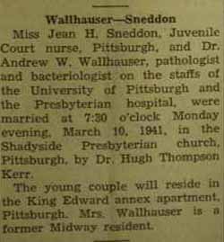 Marriage Notice for 
Andrew W. WALLHAUSER to Jean H. Sneddon, 10 Mar 1941
