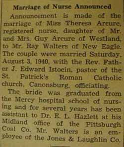 Marriage Notice for 
Ray WALTERS to Theresa Arcure, 3 Aug 1940