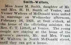 Marriage Notice for Verner WALTERS to Anna M. Smith, 16 Feb 1921