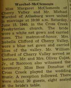 Marriage Notice for 
Michael WARCHOL to Margaret McClements, 15 Jun 1940