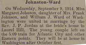 Marriage notice for William J. WARD to Margaret Johnson, 9 Sep 1914
