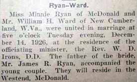 Marriage Notice for William H. WARD to Minnie Ryan, 14 Dec 1926