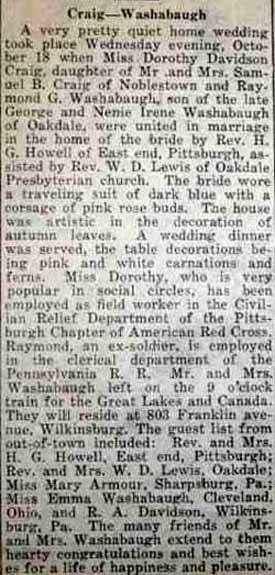 Marriage notice for Raymond G. WASHABAUGH to Dorothy Davidson Craig, 18 Oct 1922