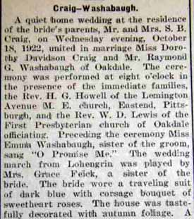 Part 1 Marriage Notice for Raymond G. WASHABAUGH to Dorothy Davidson Craig, 18 Oct 1922