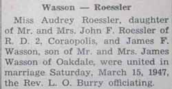 Marriage Notice for James F. WASSON to Audrey Roessler, 15 Mar 1947