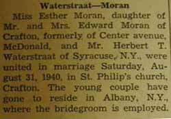 Marriage Notice for 
Herbert WATERSTRAAT to Esther Moran, 31 Aug 1940