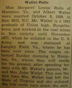 Marriage Notice for 
Albert WATLET to Margaret Louise Bulls, 8 Oct 1939