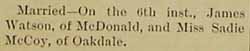 Wedding Announcement of James WATSON to Sadie McCoy, 6 Sep 1892