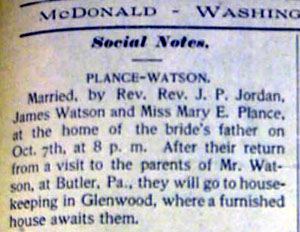 Marriage Notice for James WATSON to Mary E. Plance, 7 Oct 1902