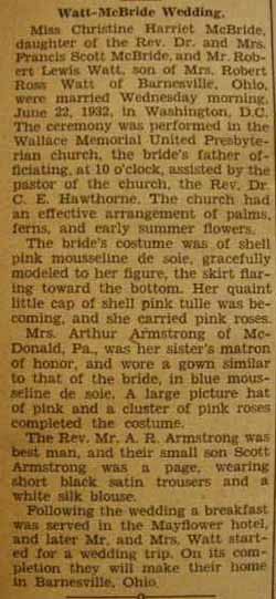 Marriage Notice for Robert Lewis WATT to Christine Harriet McBride, 22 Jun 1932
