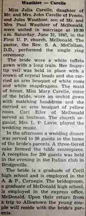 Marriage Notice for Jules WAUTHIER to Julia Carelle, 21 Jun 1947