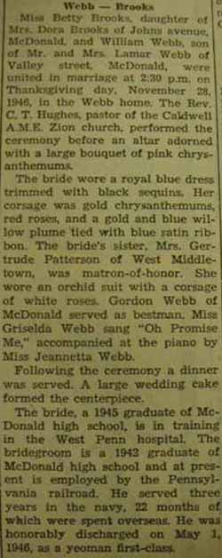 Marriage Notice for William WEBB to Betty Brooks, 28 Nov 1946