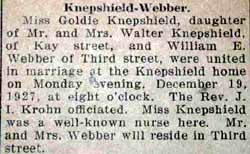 Marriage Notice for William E. WEBBER to Goldie Knepshield, 19 Dec 1927