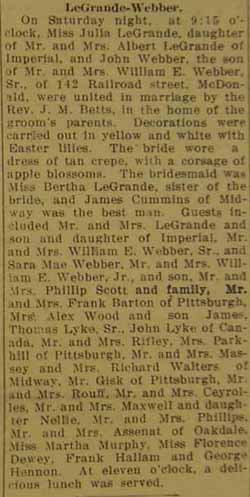 Marriage Notice for John WEBBER to Julia LeGrande, no date, in 4-12-1928 paper