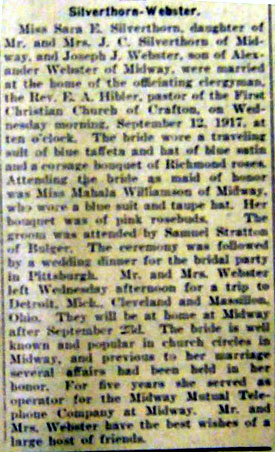 Marriage Notice for Joseph J. WEBSTER to Sara E. Silverthorn, 12 Sep 1917