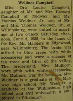 Marriage Notice for 
Thomas WEIDNER, Jr. to Ora Louise Campbell, 4 Jun 1938